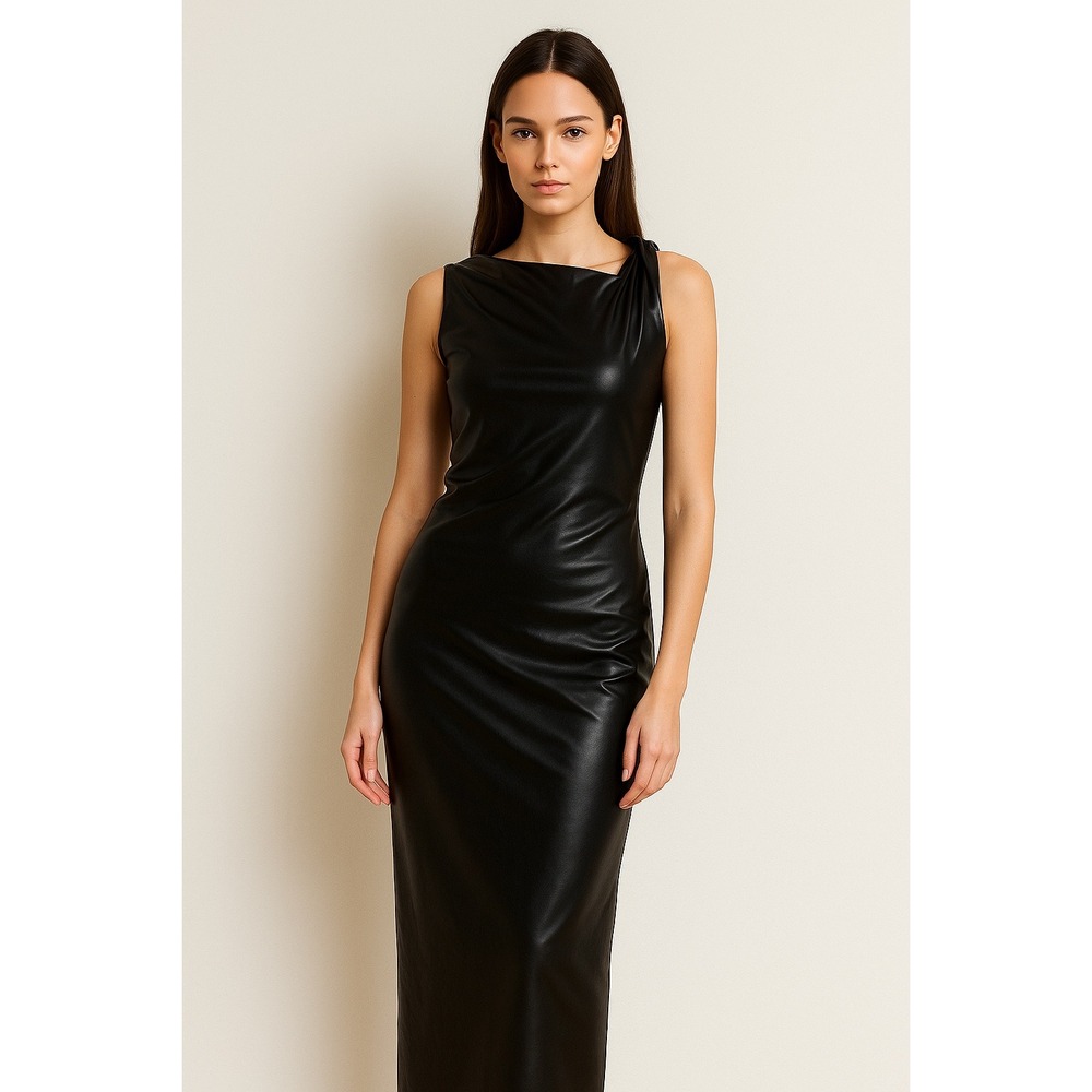 Micas Faux Leather One-shoulder neckline‎ maxi dress  Black size M
